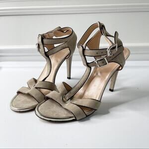 Stuart Weitzman suede gray T strap‎ accent heel sandals size 7.5 M